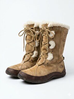 THE NORTH FACE Arctic Pull On Boots Tan Brown Suede Faux Fur Primaloft Womens 8